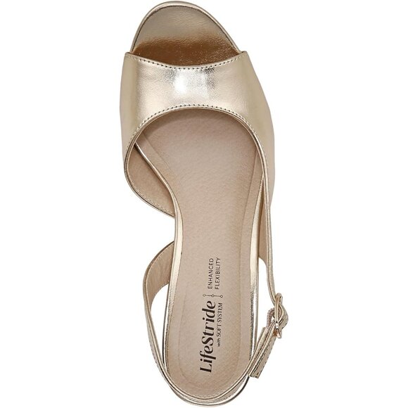 LifeStride Womens Gold Faux Leather Slingback Peep Toe Pumps Heeled Sandal - Picture 5 of 9